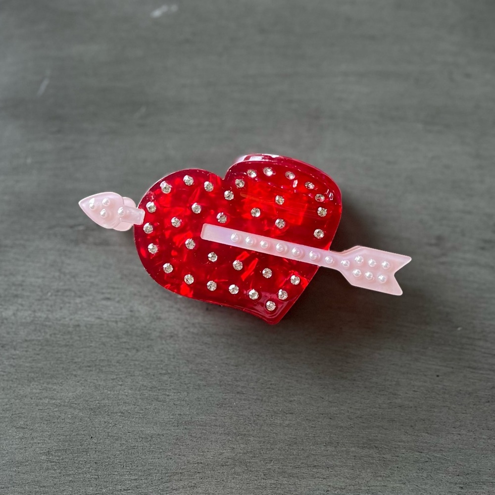Red Heart Cupid Allover Rhinestone Pink Pearl Arrow 4“ Lobster Claw Hair Clip - Picture 2 of 5